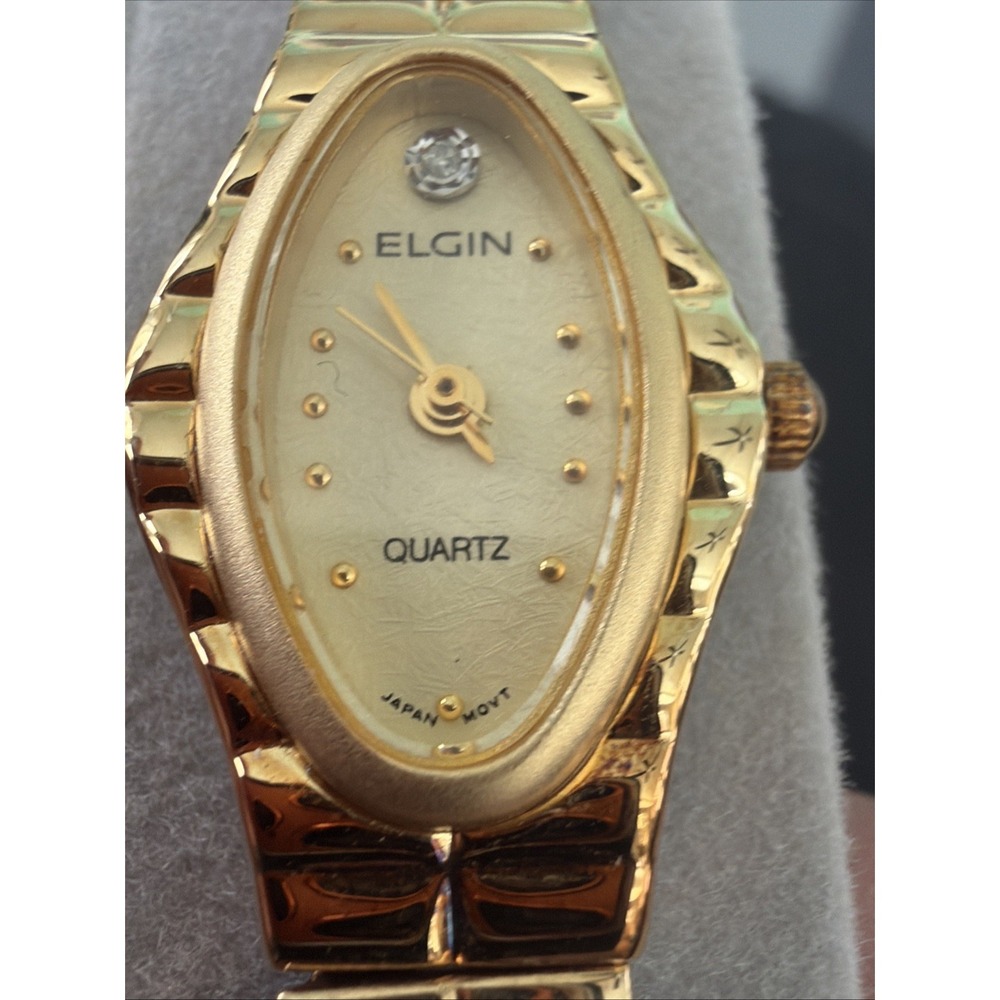 Vintage Elgin Diamond Ladies Watch Oval Textured Dial Gold Tone Stretch Band NEW - Picture 10 of 15